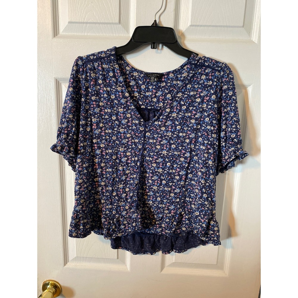 Lucky Brand Navy Blue Ditsy Floral V-Neck Ruffle Sleeve Peplum Blouse Medium